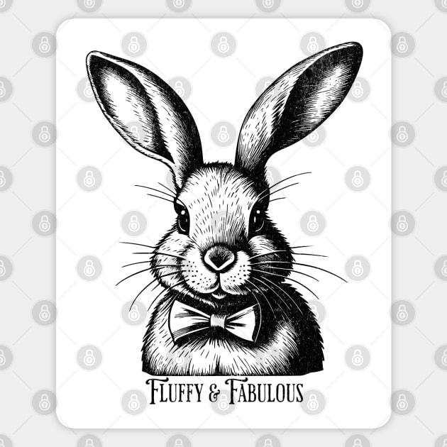 Fluffy and Fabulous Vintage Bunny Rabbit Black and white design, Cute Bunny Magnet by Tintedturtles